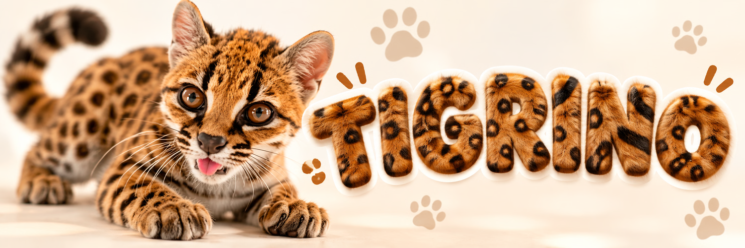 Tigrino wildcat lying on a cream background beside large furry TIGRINO lettering